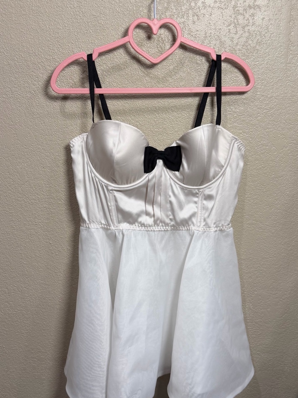 Victoria's Secret White Satin Babydoll Chemise with Black Straps & Bow